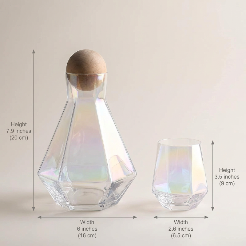 Modern faceted glass decanter and tumbler set dimensions graphic on white background