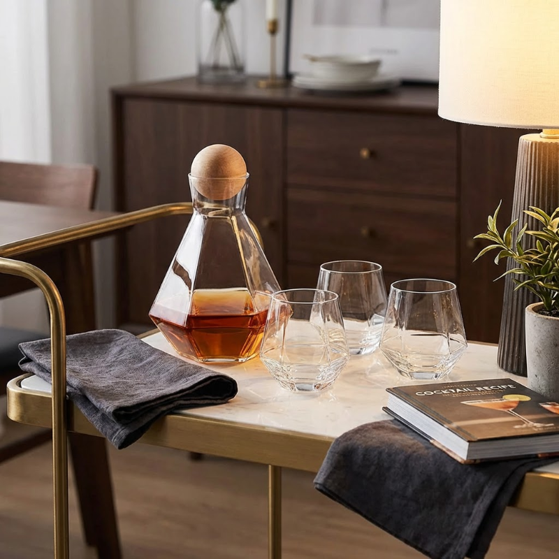Modern faceted glass decanter and tumbler set on bar cart with whiskey glasses