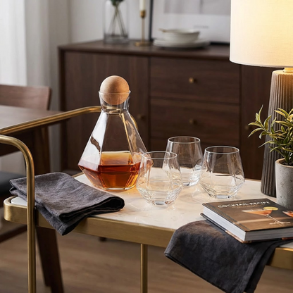 Modern faceted glass decanter and tumbler set on bar cart with whiskey glasses