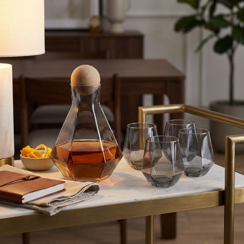 Glass decanter with liquid on a marble table with wine glasses in a cozy indoor setting.
