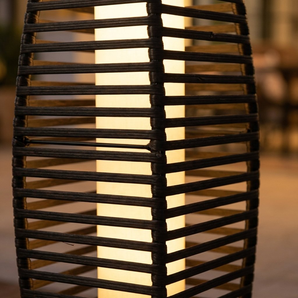 Close-up of the handwoven PE rattan panel on the lantern, showing the herringbone weave and the lit warm-white glow behind it