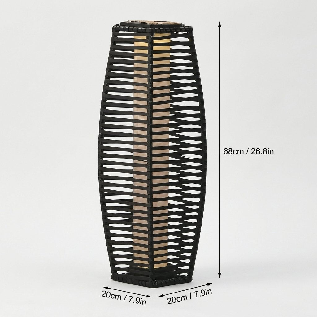 Outdoor solar floor lantern on a plain background with measurements marked: height 26.8 inches, width 7.9 inches, depth 7.9 inches