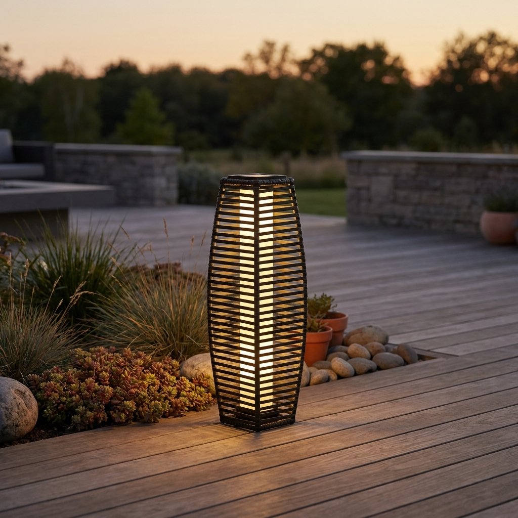 Lit outdoor solar floor lantern on a wood deck at sunset, flanked by stone retaining walls and a terracotta planter