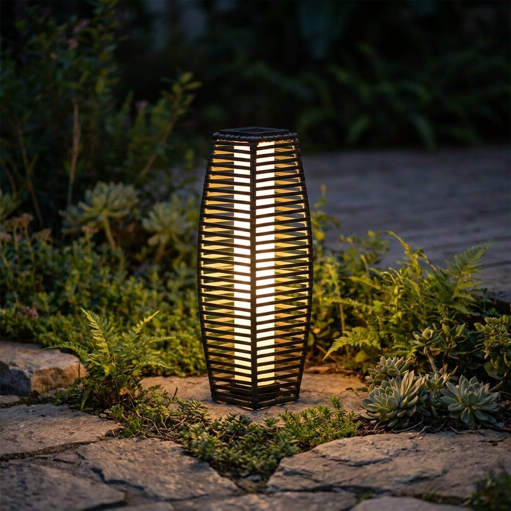 Lit outdoor solar floor lantern on a stone garden path at night, surrounded by ferns and succulents