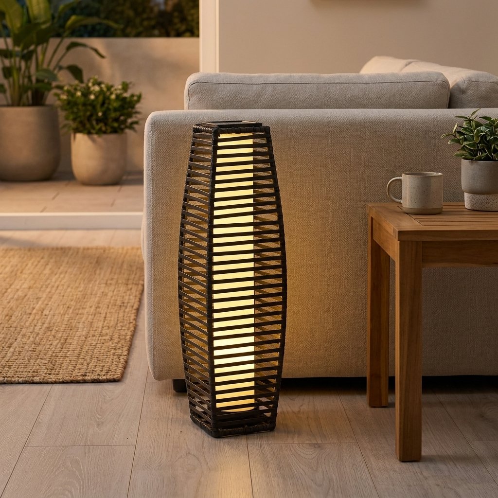 Lit solar floor lantern staged in a living room beside a sofa and wood side table, with a glass patio door in the background