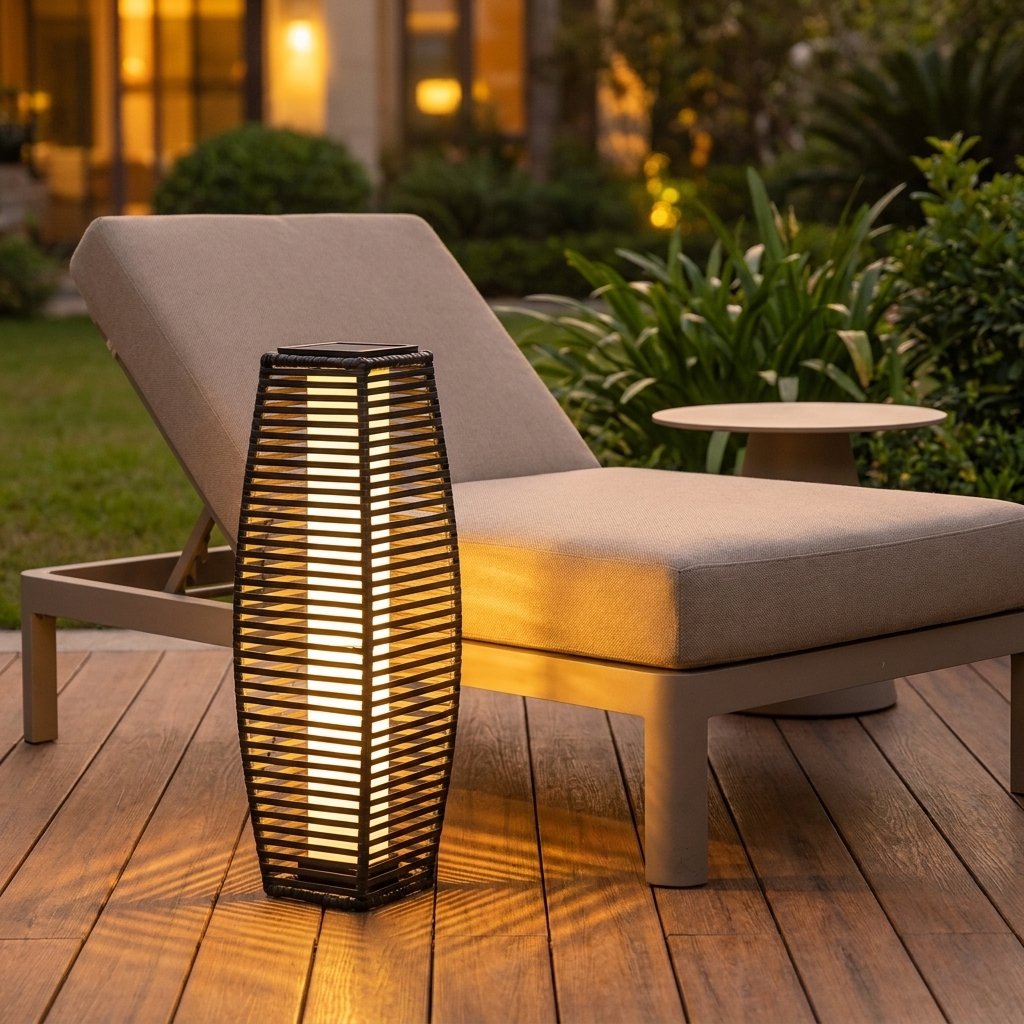 Lit outdoor solar floor lantern on a patio beside a cushioned chaise lounge chair at dusk