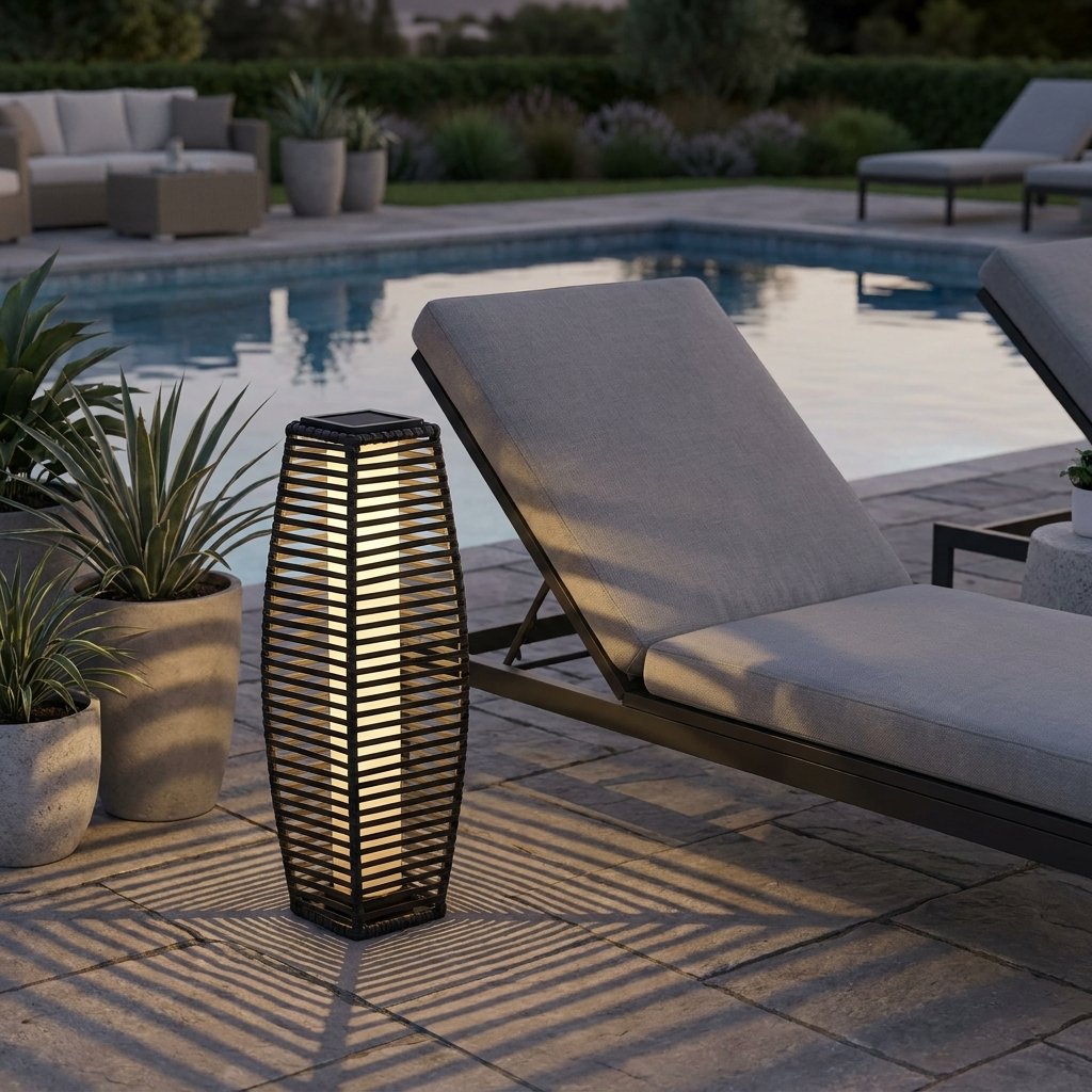 Lit outdoor solar floor lantern beside a pool on a stone patio with lounge furniture and potted agave plants