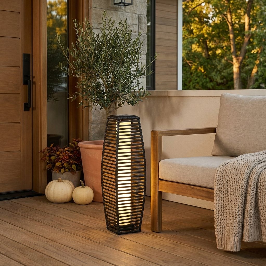 Lit outdoor solar floor lantern on a front porch beside a potted olive tree and small decorative pumpkins