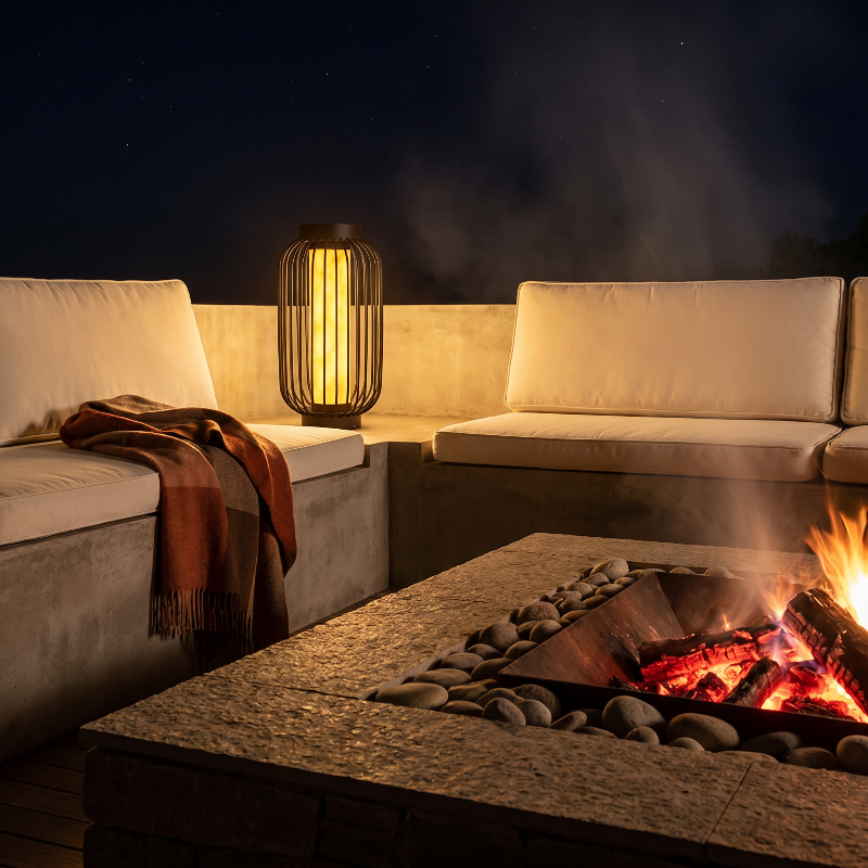 Modern outdoor solar lantern on outdoor sofa beside fire pit at night