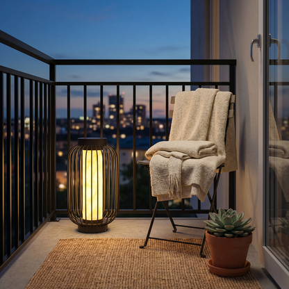 Modern outdoor solar lantern on balcony beside lounge chair at dusk