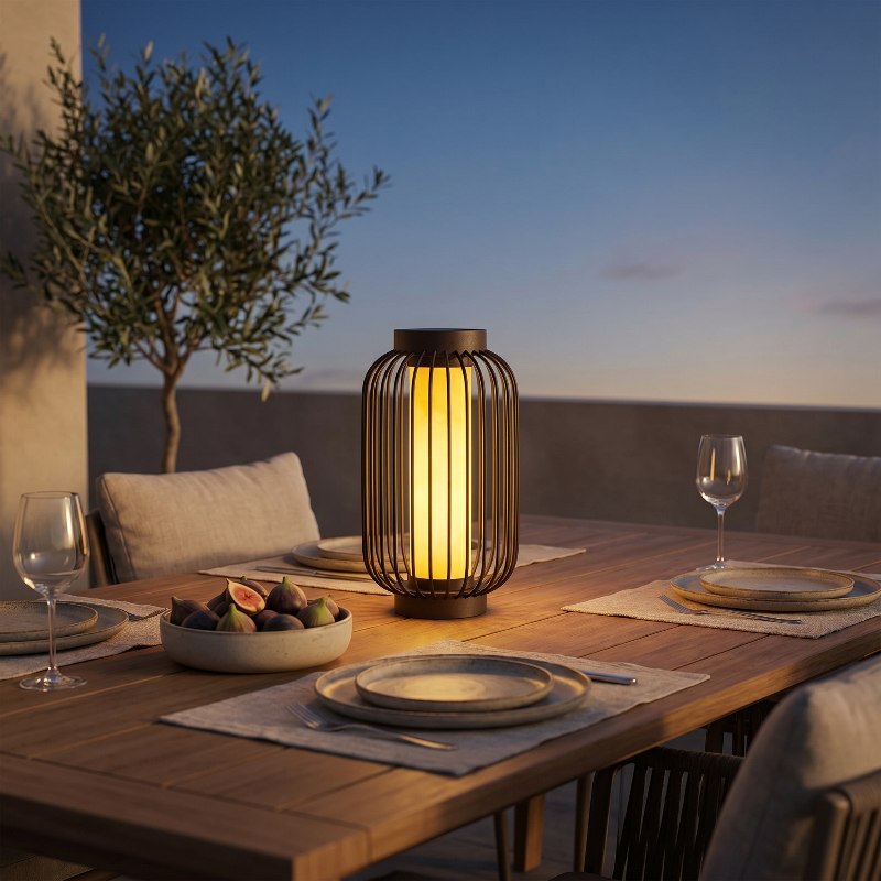 Modern outdoor solar lantern on outdoor table with wine glasses at sunset