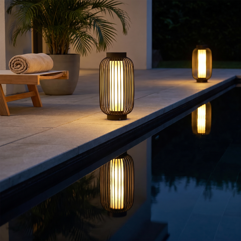 Modern outdoor solar lantern beside pool at dusk