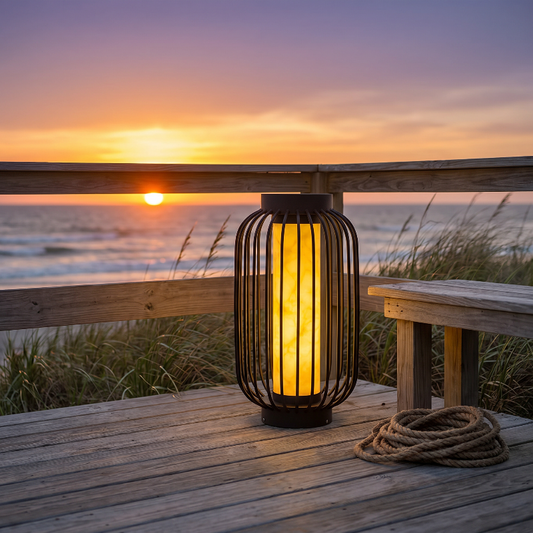 Modern outdoor solar lantern on deck beside bench at sunset
