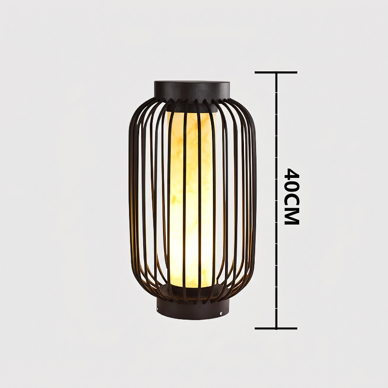 Modern outdoor solar lantern dimensions graphic on white background