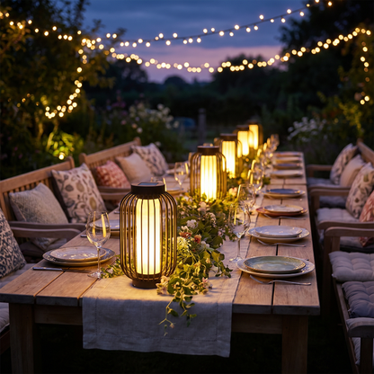 Modern outdoor solar lanterns lining an outdoor dining table with string lights