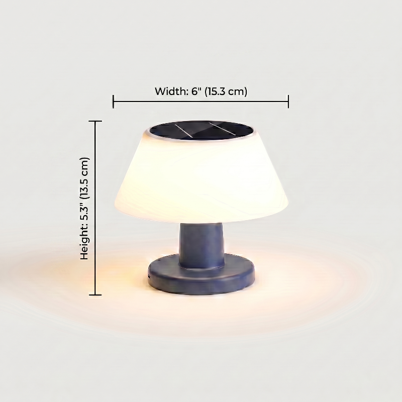 Modern portable solar table lamp dimensions graphic on white background