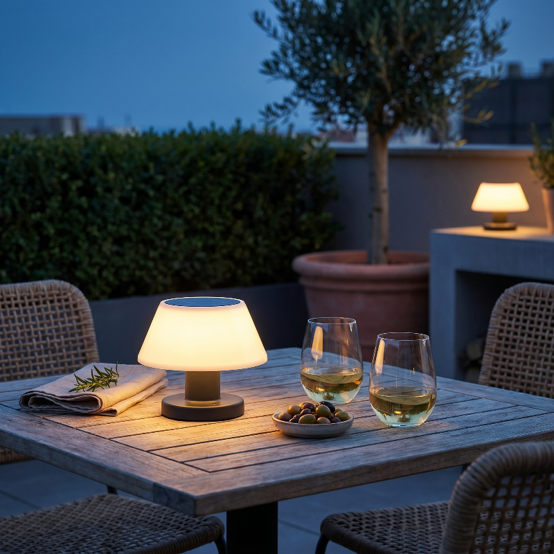 Modern portable solar table lamp on patio dining table at dusk