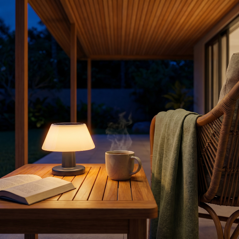 Modern portable solar table lamp on balcony side table at sunset