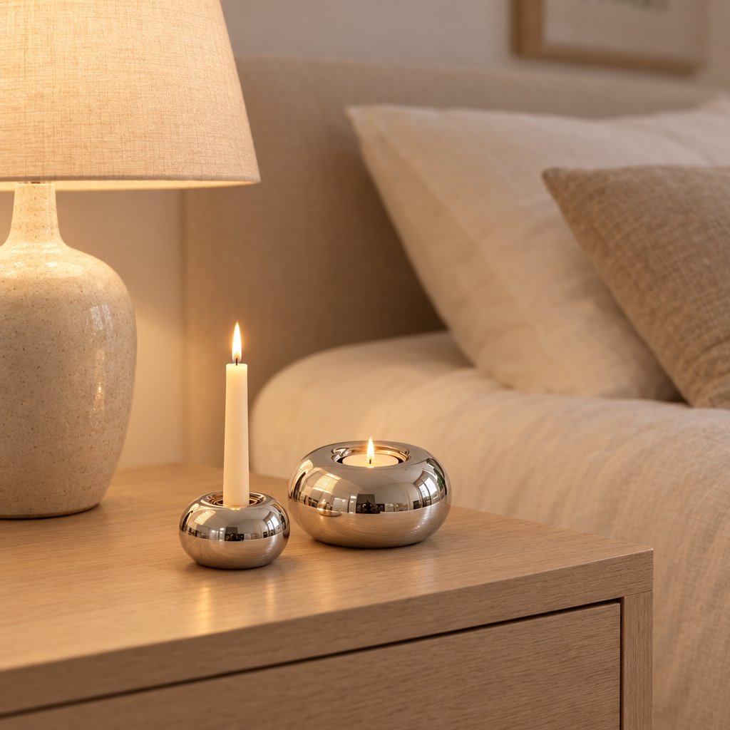 Small polished silver candleholder with a lit white taper candle and a larger one with a lit tealight on a light wood bedside table beside a cream speckled lamp with a linen shade