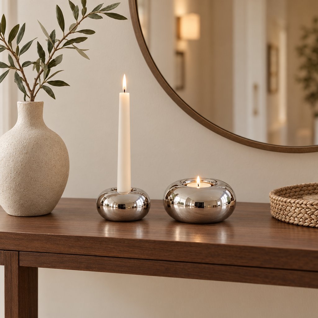 Small polished silver candleholder with a lit taper candle and a larger one with a lit tealight on a walnut entry console in front of a round mirror, with a speckled vase of olive sprigs and a wicker tray