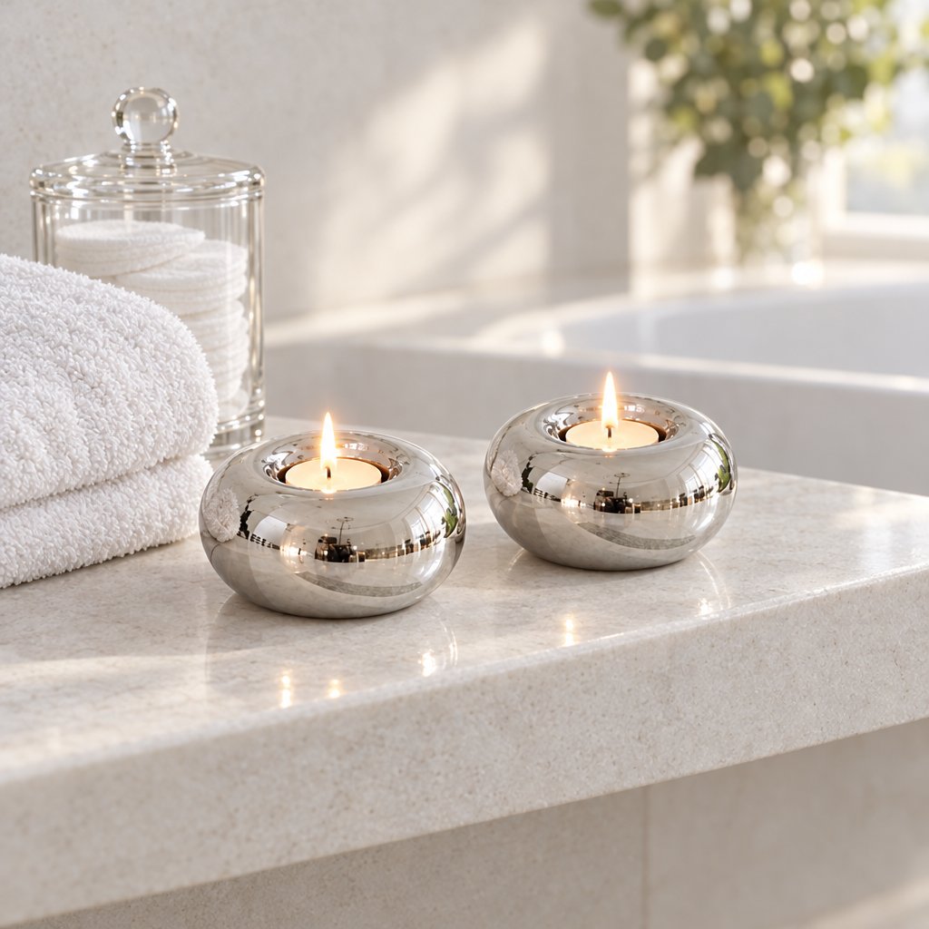 Two polished silver candleholders each with a lit white tealight on a cream stone ledge beside stacked white towels and a lidded jar of cotton pads, with a white tub and window behind