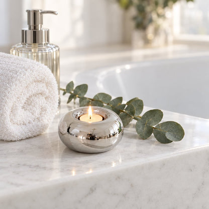 Wide low polished silver candleholder with a lit tealight on a white marble tub ledge beside a rolled towel, fluted glass soap pump and eucalyptus