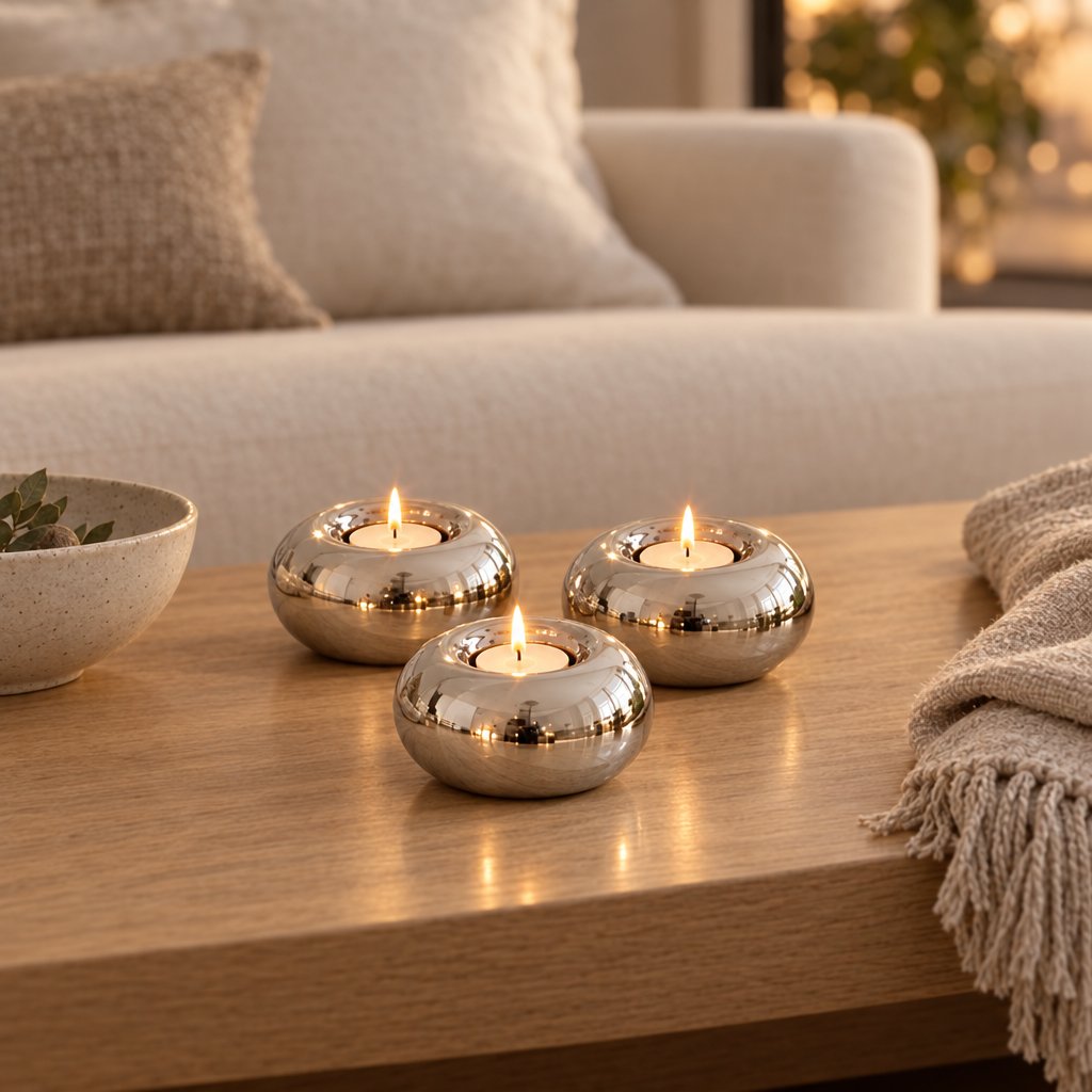 Three polished silver candleholders with lit white tealights arranged in a triangle on a light oak coffee table with a speckled bowl, fringed beige throw and cream sofa behind