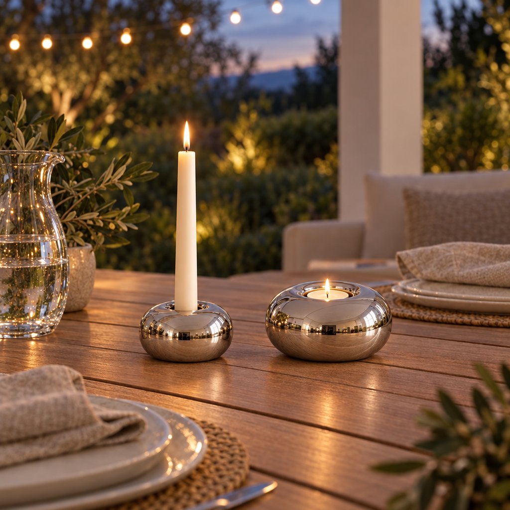 Two polished silver rounded candleholders, a smaller one with a lit cream taper candle and a larger one with a lit tealight, on a slatted wood outdoor table at dusk with string lights and olive branches behind