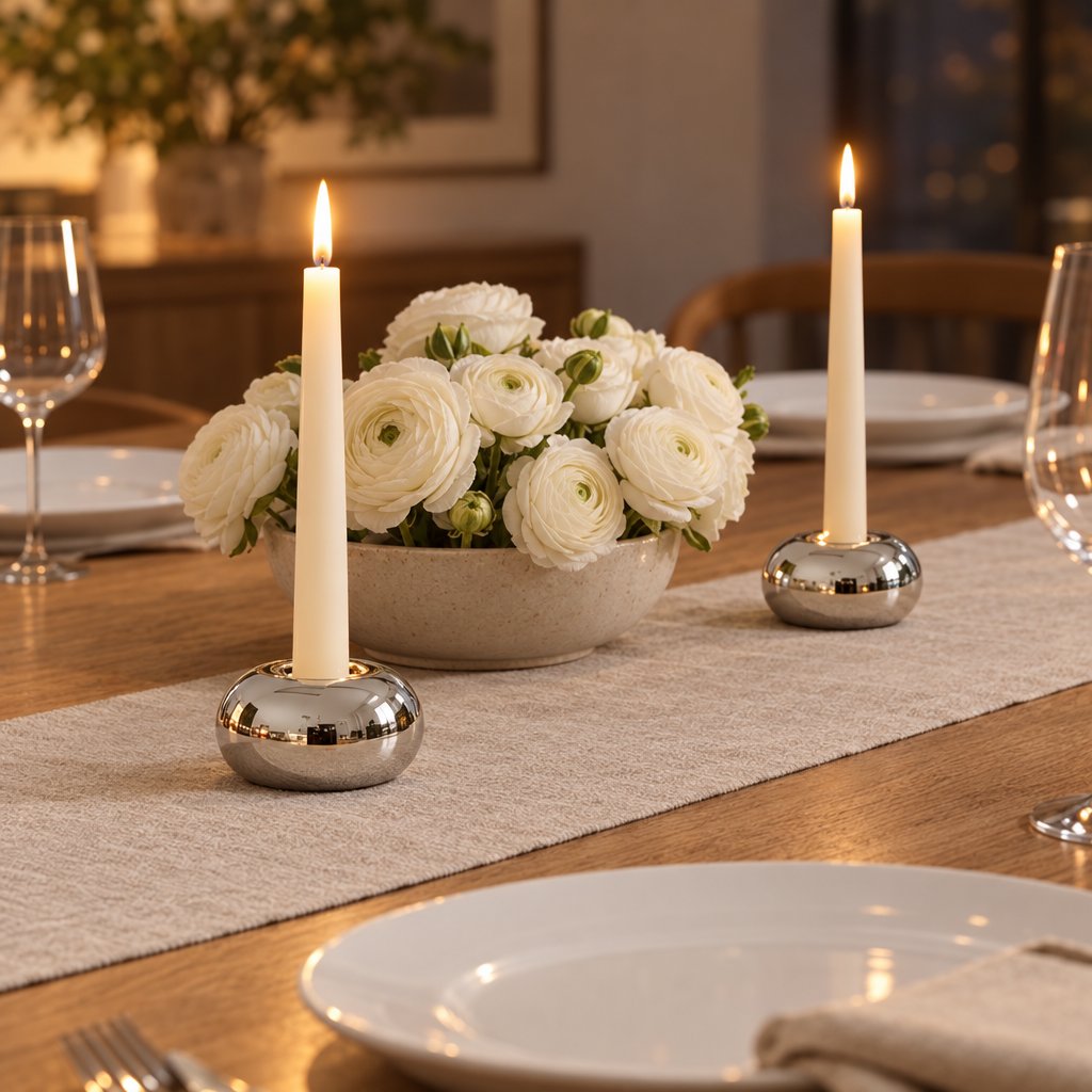 Two small polished silver rounded candleholders with lit cream taper candles on a beige runner on a wooden dining table with a speckled bowl of white ranunculus, wine glasses and plates