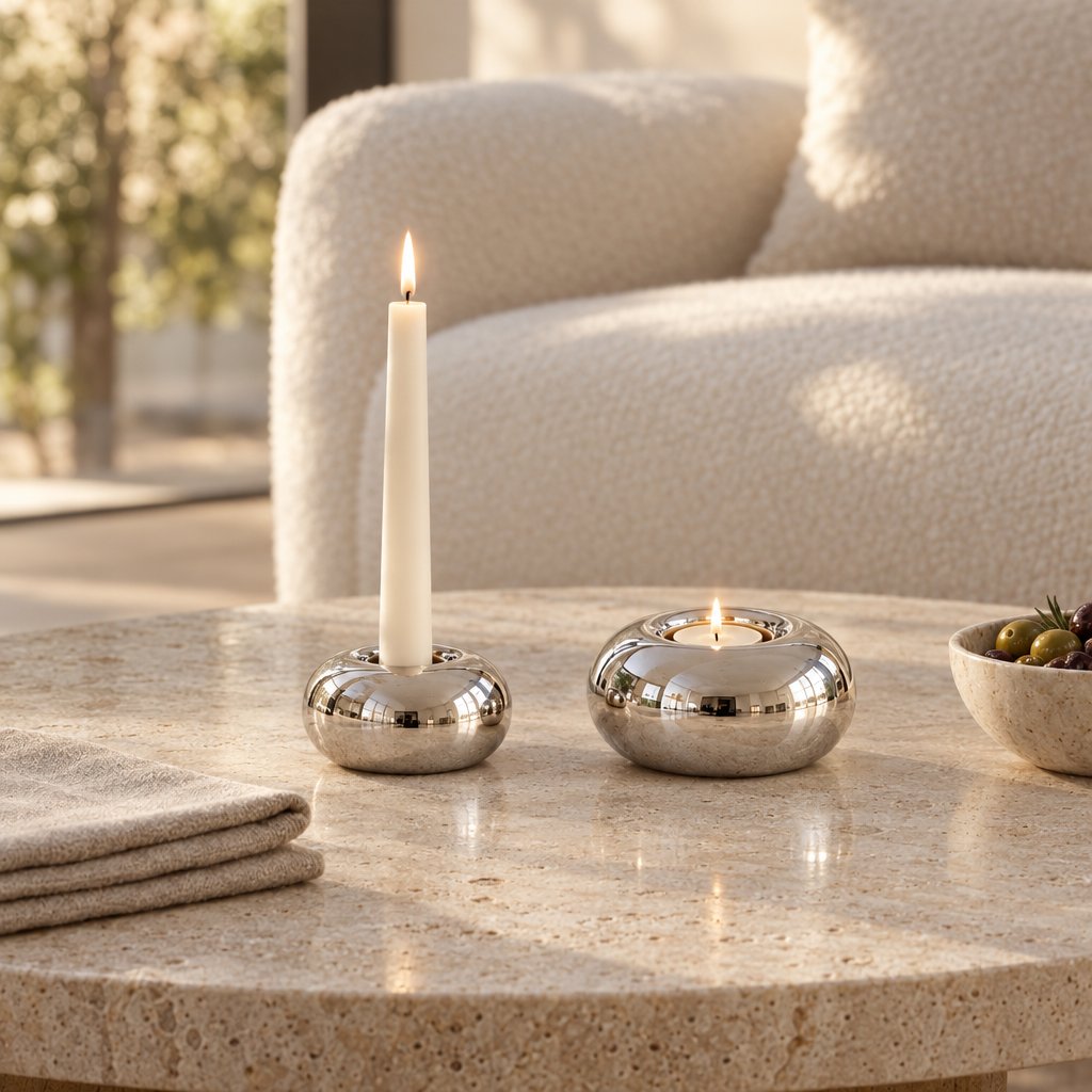 Small polished silver candleholder with a lit white taper candle and a larger one with a lit tealight on a round pitted travertine coffee table beside a stone bowl of olives with rosemary and a white boucle armchair