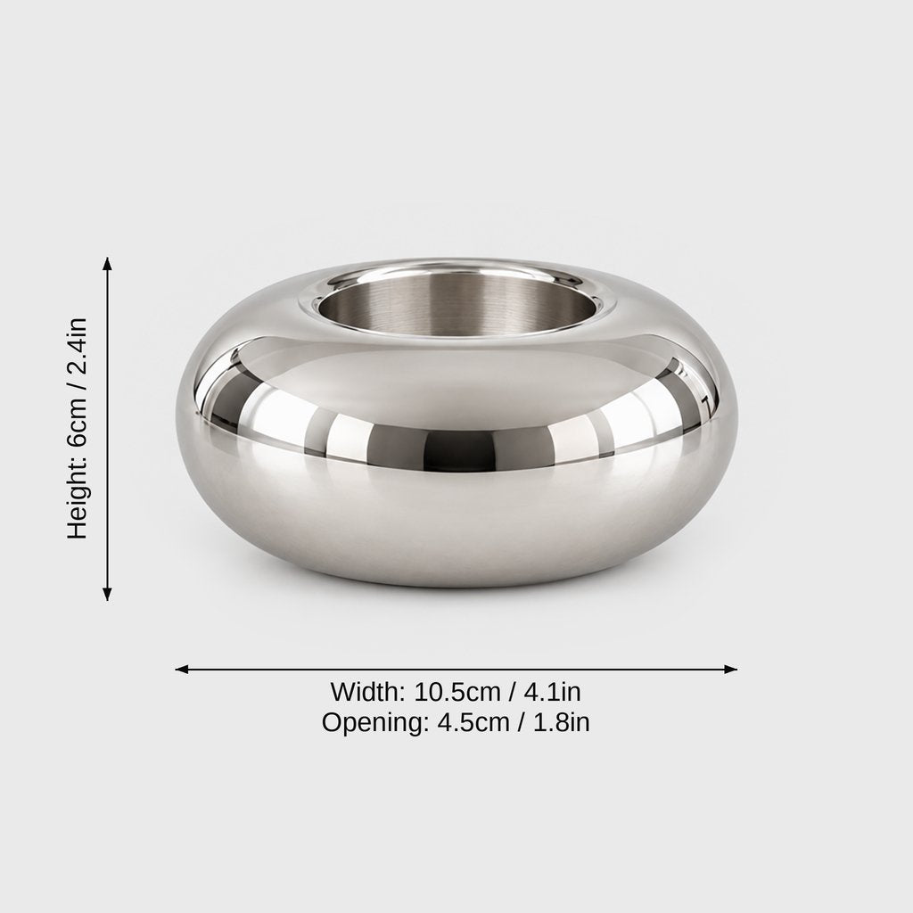 Medium polished silver rounded candleholder on a pale gray background with dimension labels: height 6 cm or 2.4 in, width 10.5 cm or 4.1 in, opening 4.5 cm or 1.8 in
