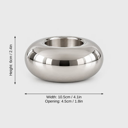 Medium polished silver rounded candleholder on a pale gray background with dimension labels: height 6 cm or 2.4 in, width 10.5 cm or 4.1 in, opening 4.5 cm or 1.8 in
