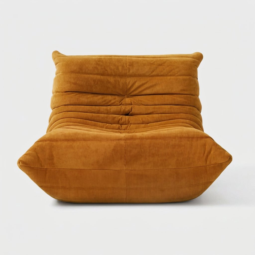 Mustard corduroy tufted lounge chair seen from the front on a light studio background