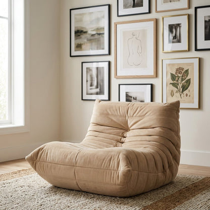 Sand-colored tufted lounge chair on a striped jute rug in front of a gallery wall of framed art