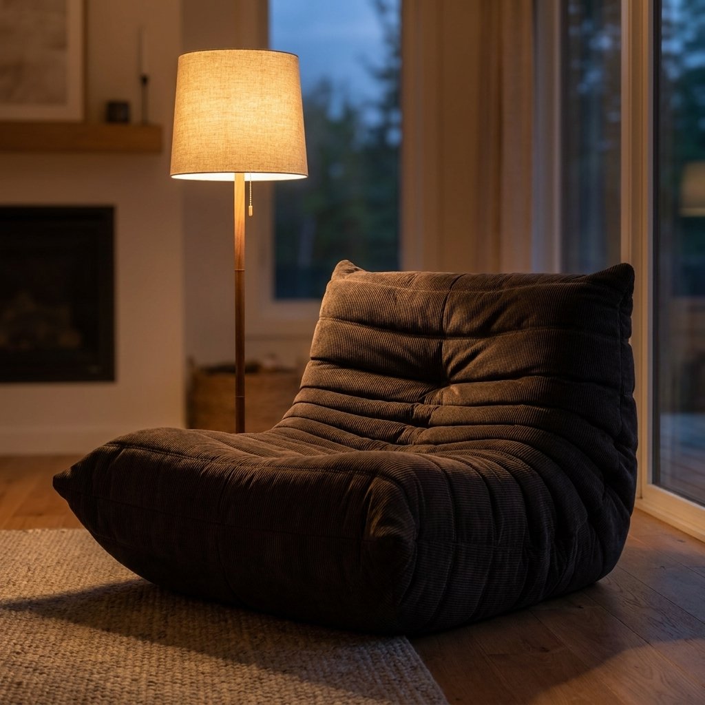 Dark brown-black corduroy tufted lounge chair lit by a warm floor lamp near a fireplace at dusk