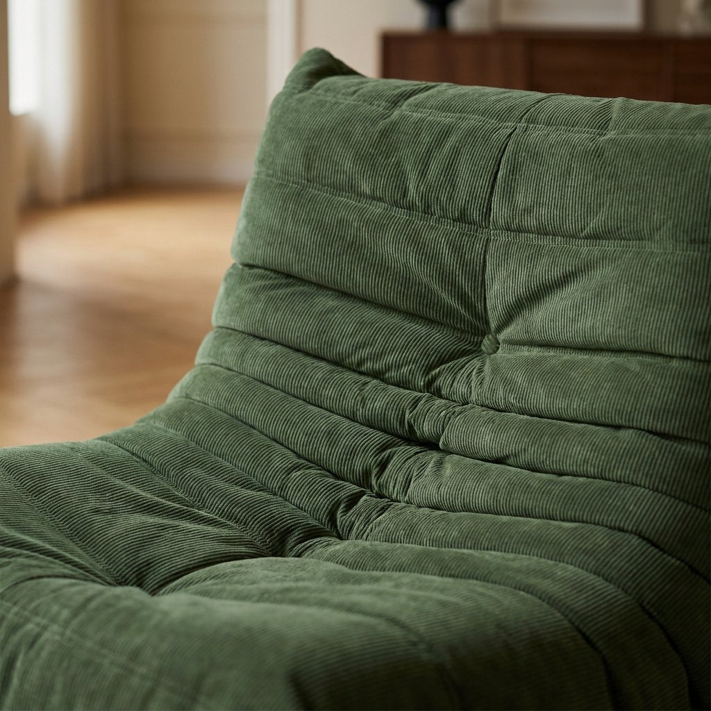 Close-up of the channel tufting and center button on a sage green corduroy lounge chair