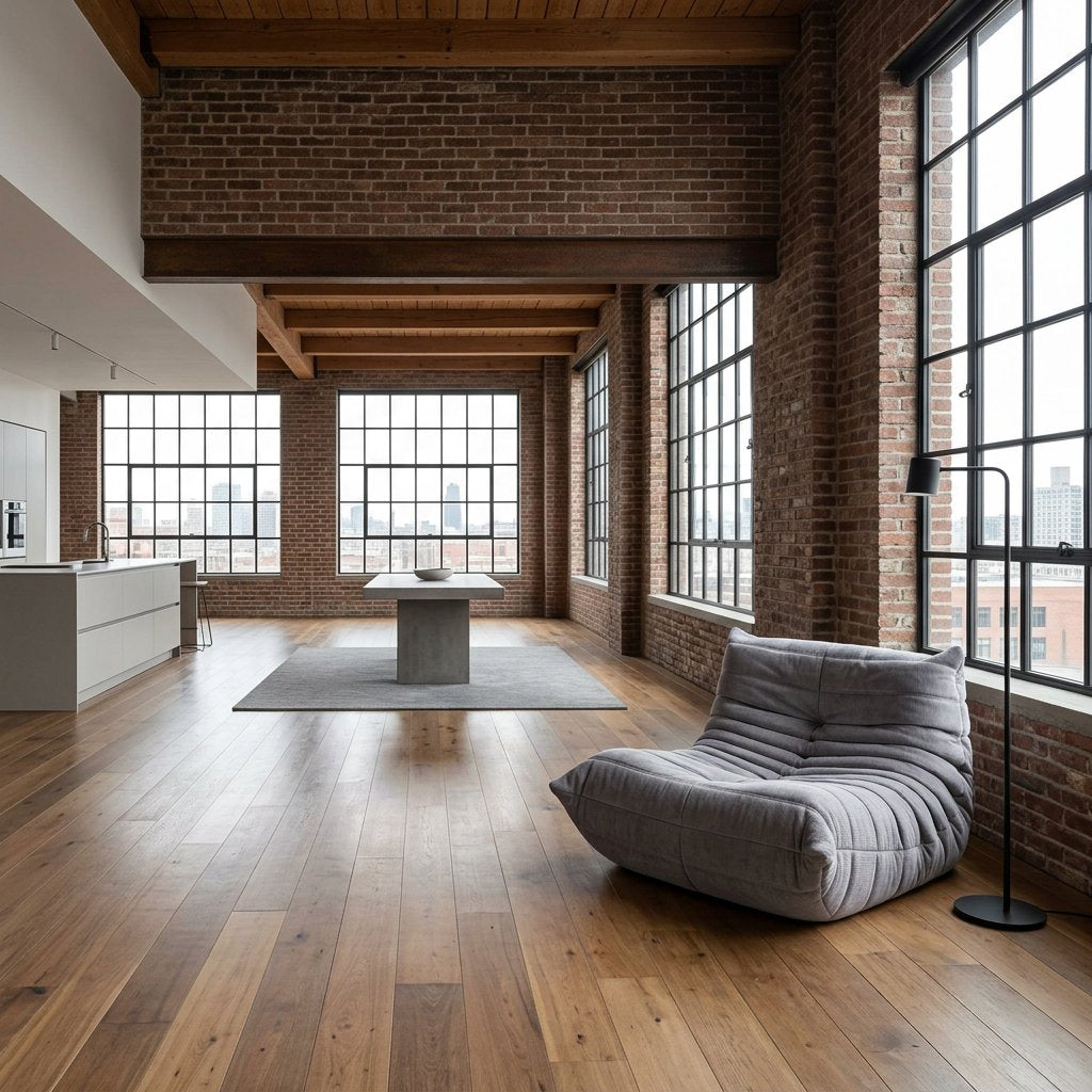 Gray tufted lounge chair in an industrial brick loft with beamed ceilings and a black arc floor lamp