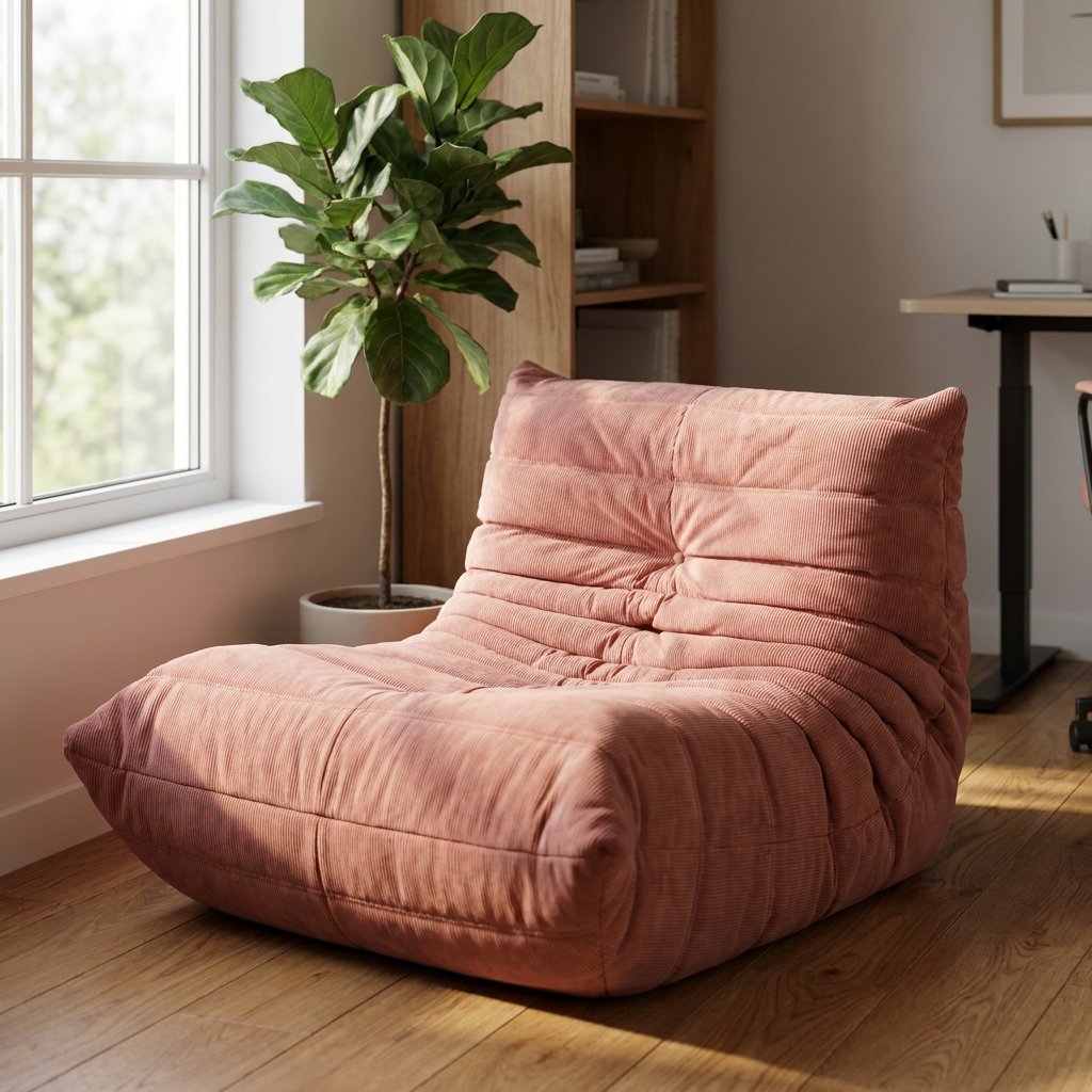 Dusty pink corduroy tufted lounge chair in a bright home office with a fiddle-leaf fig and bookshelf