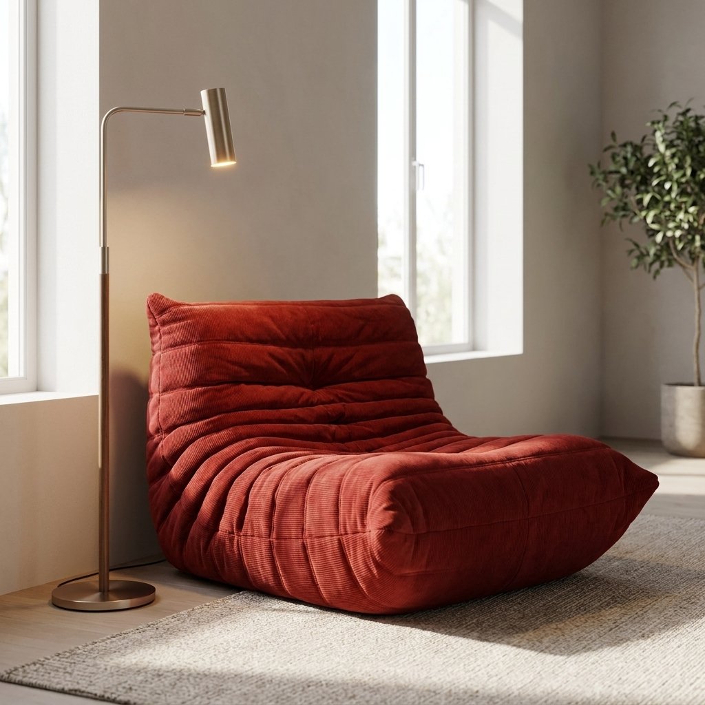 Rust red corduroy tufted lounge chair beside a slim brass floor lamp and a potted olive tree