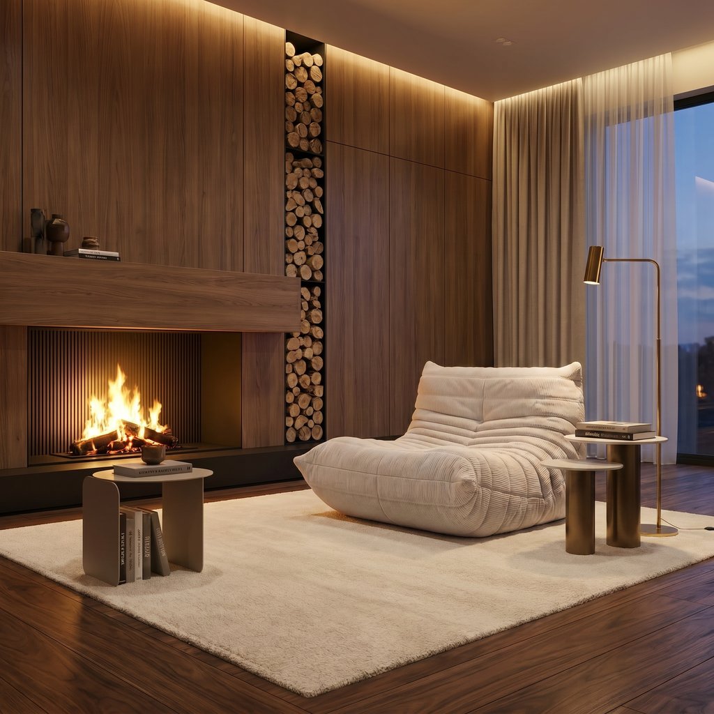 Cream textured tufted lounge chair in a walnut-paneled room with a linear fireplace and shag rug