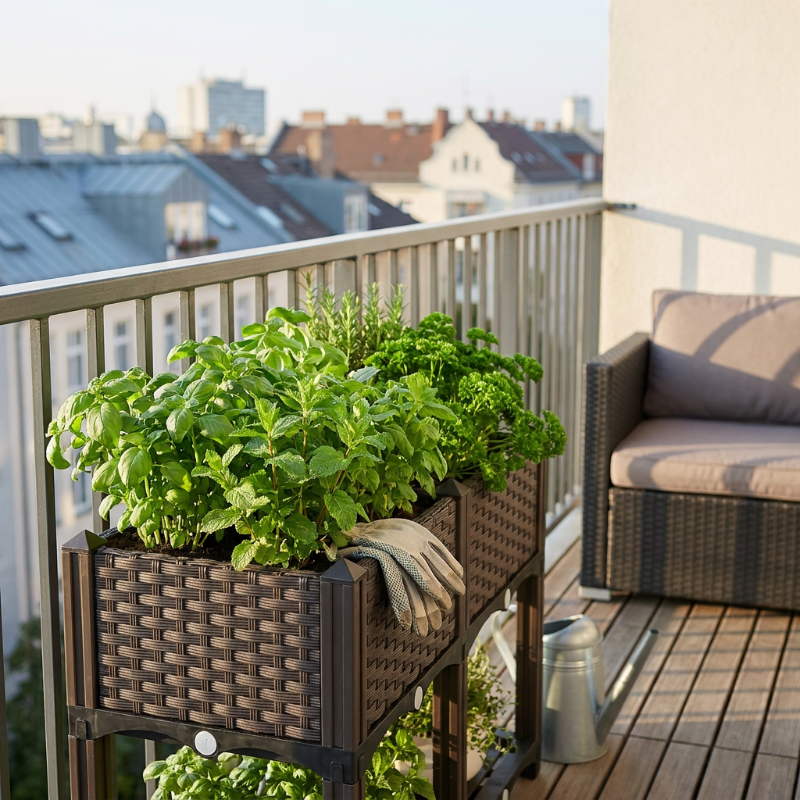Modular raised garden planter bed on balcony with leafy green plants