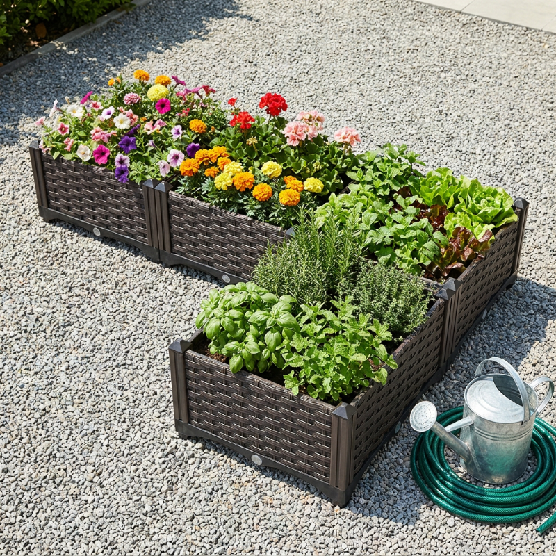 Modular raised garden planter bed on lawn beside watering can