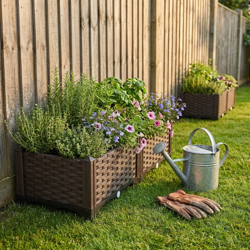 Modular raised garden planter bed product information graphic showing height-adjusted 3-layer design