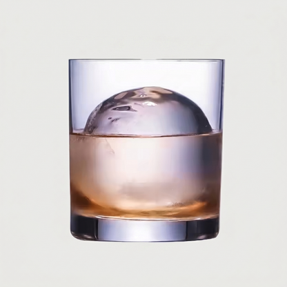 Clear glass with a large ice cube and liquid on a light gray background