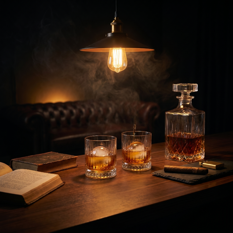 Two glasses of whiskey with ice cubes, a decanter, and a book on a wooden table with a warm light fixture.