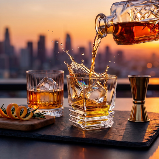 Whiskey being poured into a glass with ice, city skyline in the background