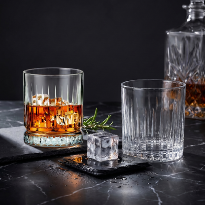Two glasses of whiskey with ice cubes on a dark surface