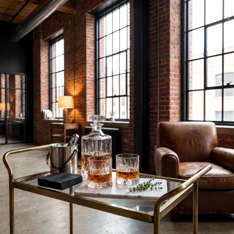 Cozy living room with a glass table featuring a decanter and glasses, a brown leather armchair, and large windows.