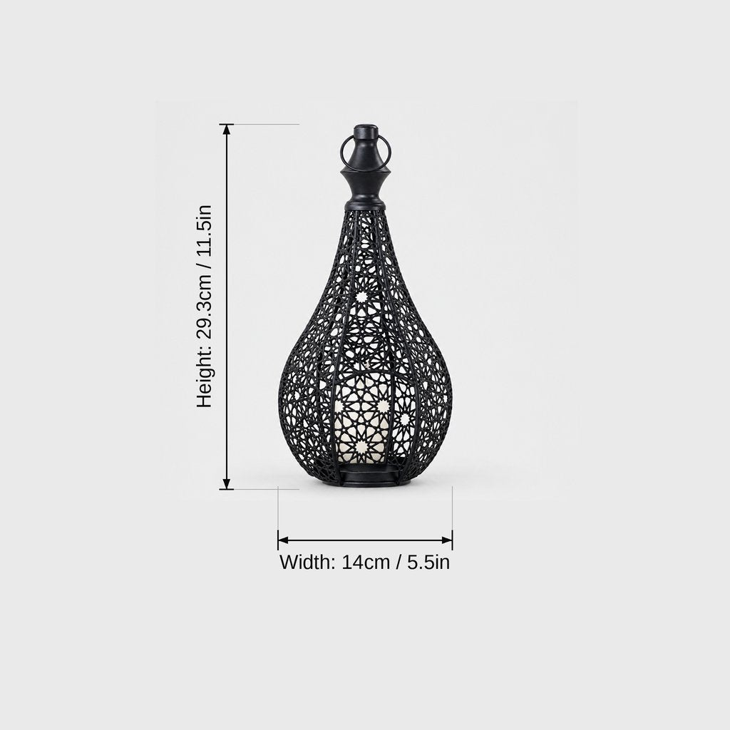 Dimensions graphic of a black cutwork metal lantern, height 29.3 cm or 11.5 in and width 14 cm or 5.5 in