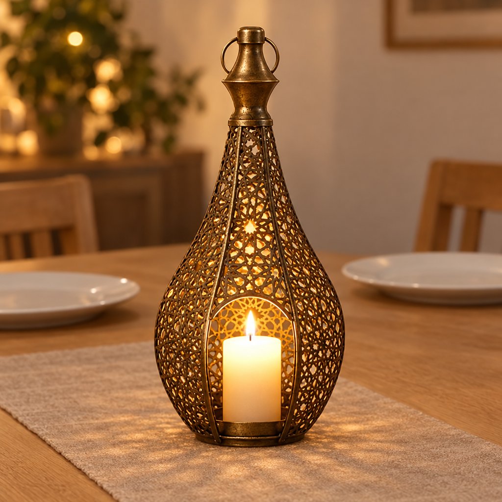Bronze cutwork metal lantern with a lit pillar candle on a linen runner on a wood dining table, with plates and chairs in the background